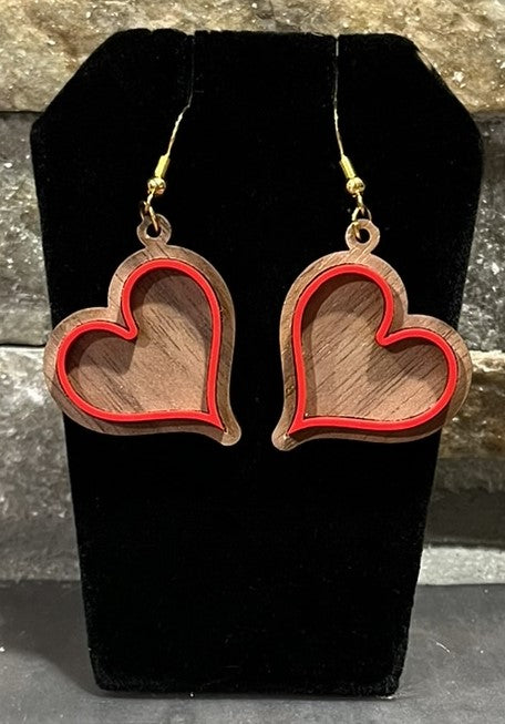 Wooden Heart w/Red Acrylic Trim Earrings